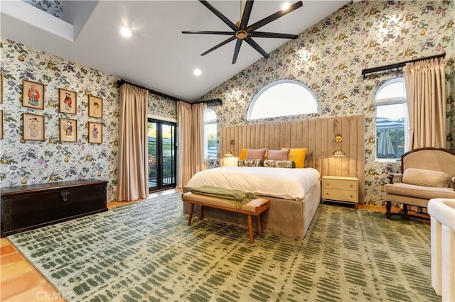 810 E Dalton Ave, Glendora, CA 91741 - bedroom featuring wallpapered walls, access to exterior, multiple windows, lofted ceiling, and ceiling fan