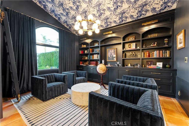 810 E Dalton Ave, Glendora, CA 91741 - sitting room featuring a chandelier, vaulted ceiling, and built in shelves