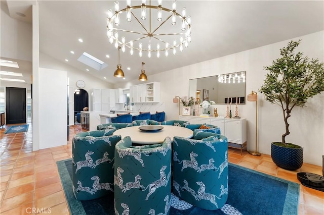 810 E Dalton Ave, Glendora, CA 91741 - dining space with vaulted ceiling, light tile patterned flooring, recessed lighting, and a chandelier