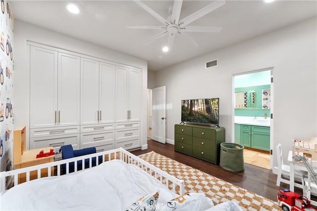 810 E Dalton Ave, Glendora, CA 91741 - bedroom featuring dark wood-style flooring, recessed lighting, ensuite bath, and a ceiling fan