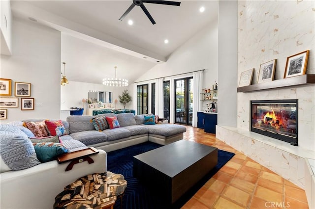 810 E Dalton Ave, Glendora, CA 91741 - living area with ceiling fan, recessed lighting, a high end fireplace, high vaulted ceiling, and a chandelier
