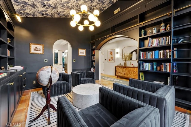 810 E Dalton Ave, Glendora, CA 91741 - living area featuring arched walkways, a chandelier, and light tile patterned floors