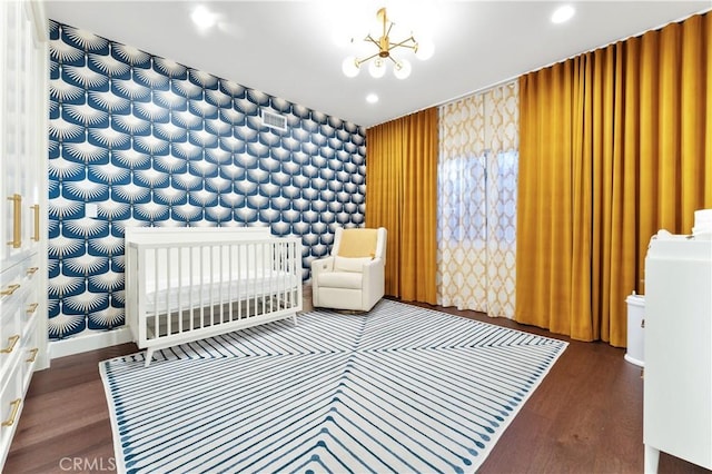 810 E Dalton Ave, Glendora, CA 91741 - bedroom featuring wood finished floors, recessed lighting, a chandelier, and a nursery area