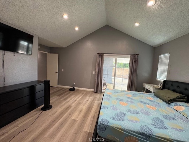 3629 Puente Ave, Baldwin Park, CA 91706 - bedroom featuring a textured ceiling, light wood-type flooring, access to exterior, lofted ceiling, and recessed lighting