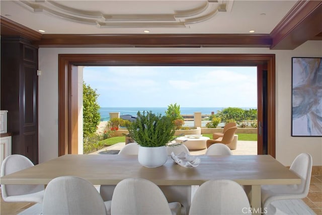 3300 Ocean Blvd, Corona Del Mar, CA 92625 - dining room with ornamental molding, plenty of natural light, recessed lighting, a tray ceiling, and a water view