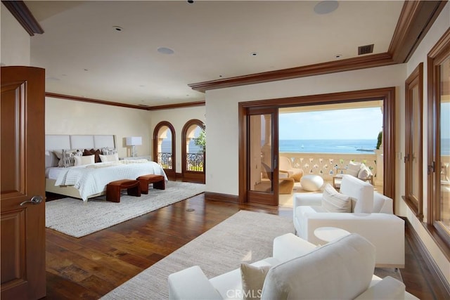 3300 Ocean Blvd, Corona Del Mar, CA 92625 - bedroom featuring access to exterior, ornamental molding, wood-type flooring, and a water view