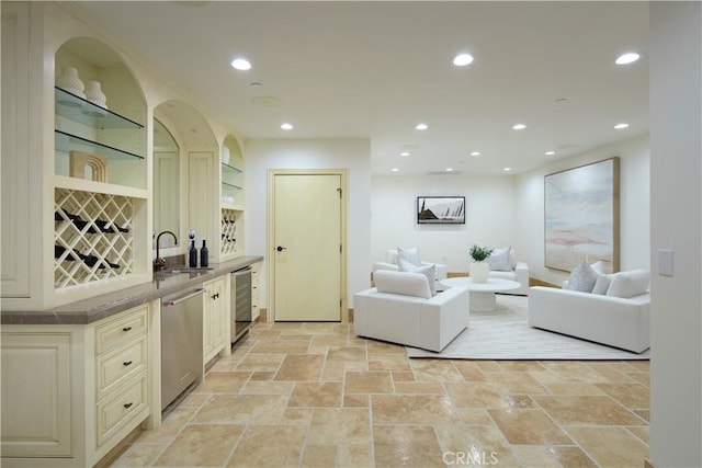 3300 Ocean Blvd, Corona Del Mar, CA 92625 - living room with recessed lighting, stone tile floors, beverage cooler, and bar area