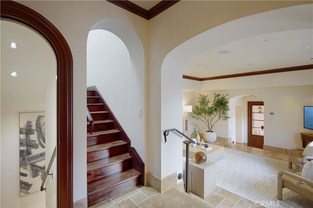 3300 Ocean Blvd, Corona Del Mar, CA 92625 - stairs with arched walkways, crown molding, and recessed lighting