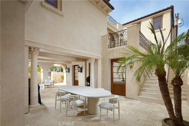 3300 Ocean Blvd, Corona Del Mar, CA 92625 - patio / terrace with outdoor dining area, a patio, and stairway