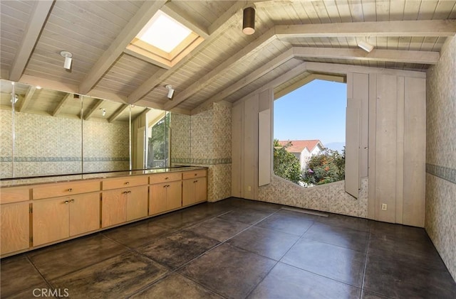 4308 Crown Ranch Rd, Corona, CA 92881 - unfurnished room featuring wallpapered walls, wood ceiling, and a skylight