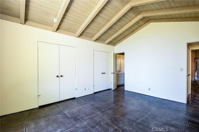 4308 Crown Ranch Rd, Corona, CA 92881 - unfurnished bedroom featuring concrete flooring, a wood ceiling with exposed beams, a closet, and high vaulted ceiling