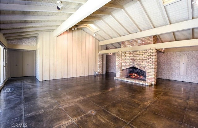 4308 Crown Ranch Rd, Corona, CA 92881 - unfurnished living room with a fireplace, wood walls, and wooden ceiling
