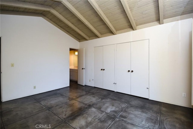 4308 Crown Ranch Rd, Corona, CA 92881 - unfurnished bedroom featuring concrete floors, high vaulted ceiling, a closet, and beamed ceiling