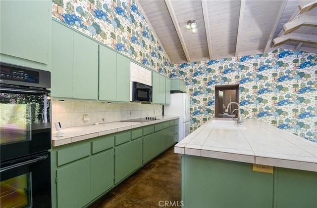 4308 Crown Ranch Rd, Corona, CA 92881 - kitchen with wallpapered walls, black appliances, tile counters, wood ceiling, and decorative backsplash