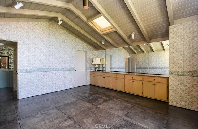 4308 Crown Ranch Rd, Corona, CA 92881 - kitchen with wallpapered walls, wooden ceiling, and a skylight