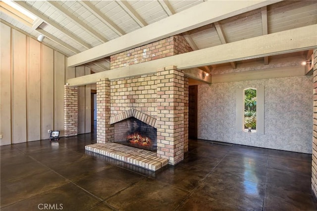 4308 Crown Ranch Rd, Corona, CA 92881 - unfurnished living room featuring a fireplace, wood ceiling, and wooden walls