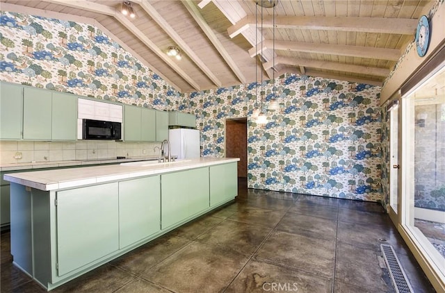 4308 Crown Ranch Rd, Corona, CA 92881 - kitchen featuring black appliances, green cabinets, wallpapered walls, wooden ceiling, and light countertops