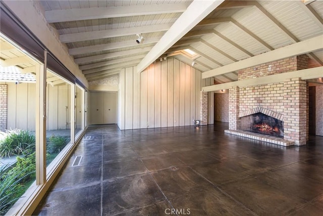 4308 Crown Ranch Rd, Corona, CA 92881 - unfurnished living room featuring a brick fireplace and wood ceiling