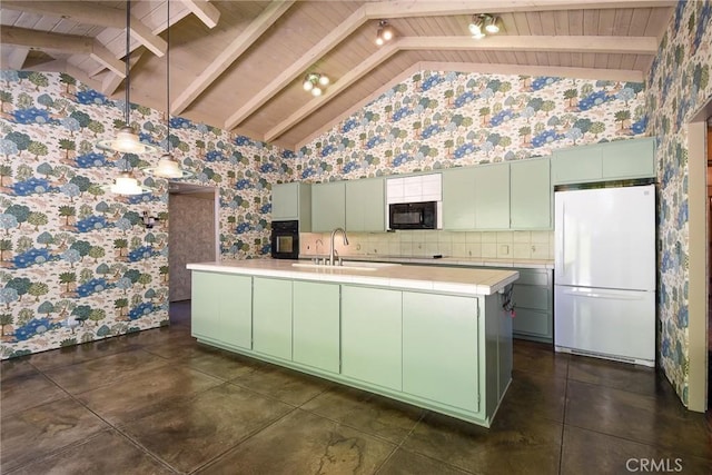 4308 Crown Ranch Rd, Corona, CA 92881 - kitchen featuring black appliances, green cabinets, wallpapered walls, tile counters, and a kitchen island with sink