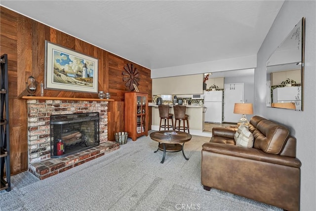 2464 Maclennan St, Napa, CA 94558 - carpeted living area with wooden walls and a brick fireplace