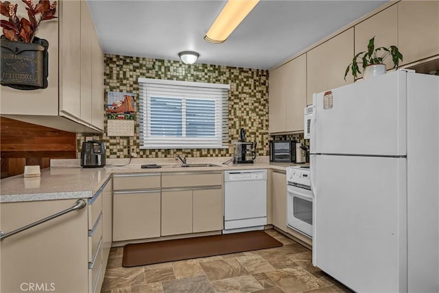 2464 Maclennan St, Napa, CA 94558 - kitchen featuring white appliances, light countertops, backsplash, and stone finish flooring