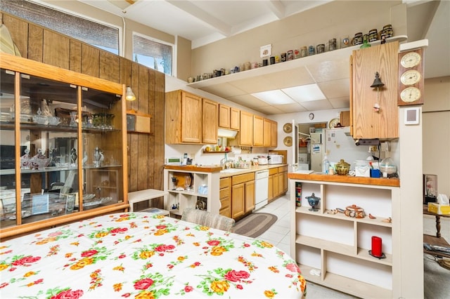 618 E 2nd St, Rialto, CA 92376 - kitchen featuring white appliances, open shelves, light countertops, a paneled ceiling, and light tile patterned flooring