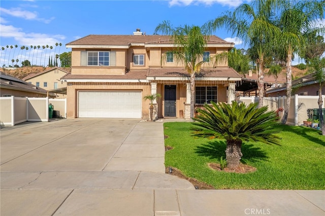 7459 Melanie Ct, Highland, CA 92346 - view of front facade featuring stucco siding, a garage, driveway, and a chimney