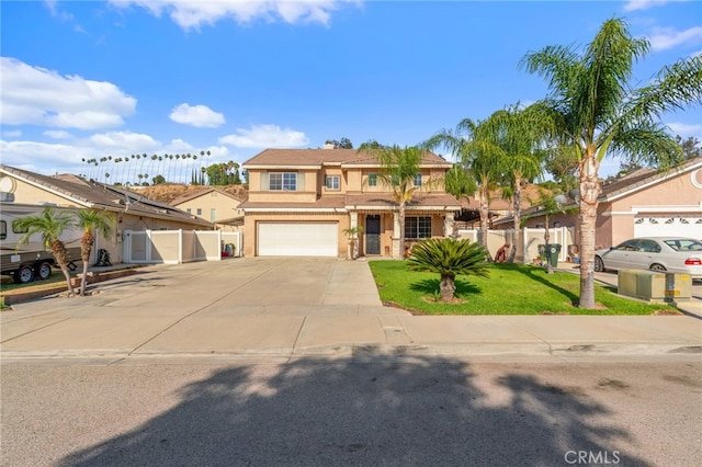 7459 Melanie Ct, Highland, CA 92346 - traditional-style house with stucco siding, concrete driveway, a garage, and a gate