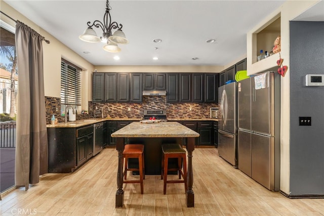 7459 Melanie Ct, Highland, CA 92346 - kitchen with stainless steel appliances, a chandelier, a kitchen island, light wood-type flooring, and decorative backsplash