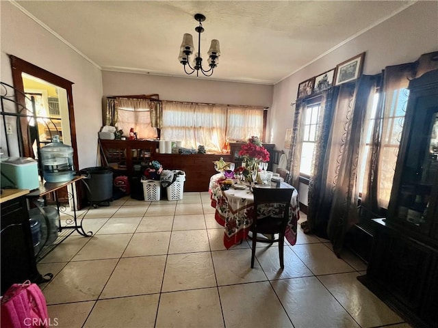 729 W Holt Blvd, Ontario, CA 91762 - dining area with crown molding, a chandelier, and light tile patterned flooring