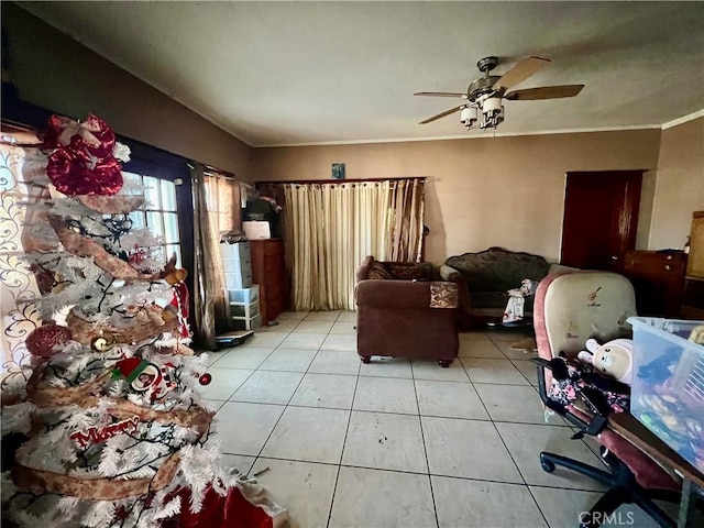 729 W Holt Blvd, Ontario, CA 91762 - living area with a ceiling fan and light tile patterned floors
