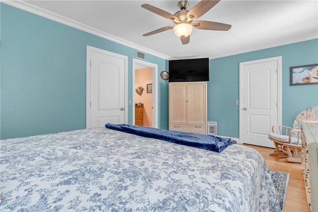 1010 W Yorktown Ave, Montebello, CA 90640 - bedroom featuring light wood-type flooring, crown molding, and a ceiling fan