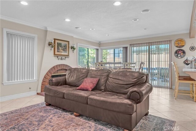 1010 W Yorktown Ave, Montebello, CA 90640 - living room featuring light tile patterned flooring, crown molding, and recessed lighting