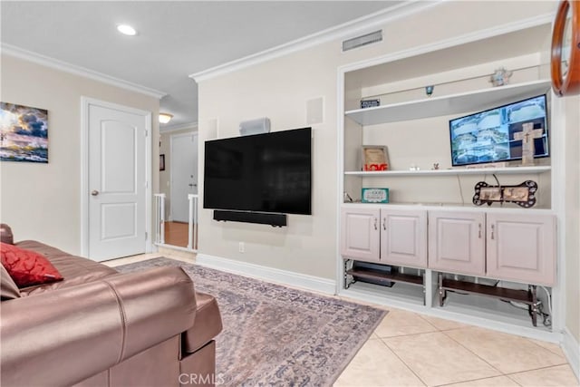 1010 W Yorktown Ave, Montebello, CA 90640 - living area with crown molding, built in shelves, tile patterned flooring, and recessed lighting
