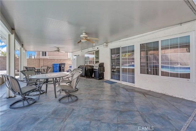 1010 W Yorktown Ave, Montebello, CA 90640 - view of patio featuring outdoor dining area, a ceiling fan, and a grill