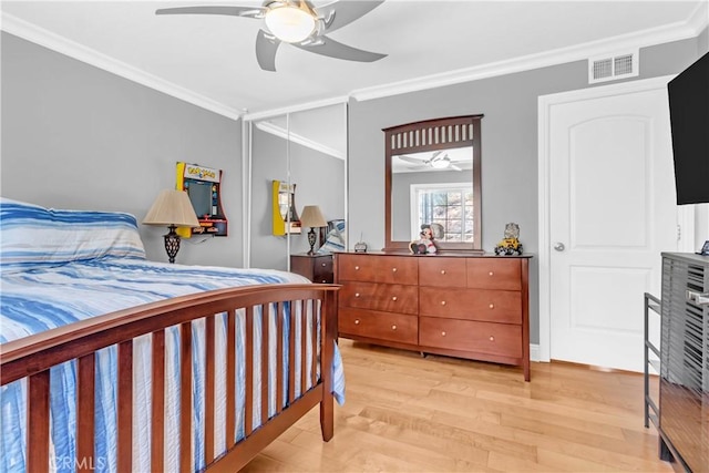 1010 W Yorktown Ave, Montebello, CA 90640 - bedroom featuring ornamental molding, light wood-style floors, and ceiling fan