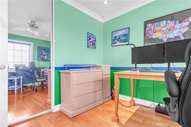 1010 W Yorktown Ave, Montebello, CA 90640 - office area with ceiling fan, wood finished floors, recessed lighting, and crown molding