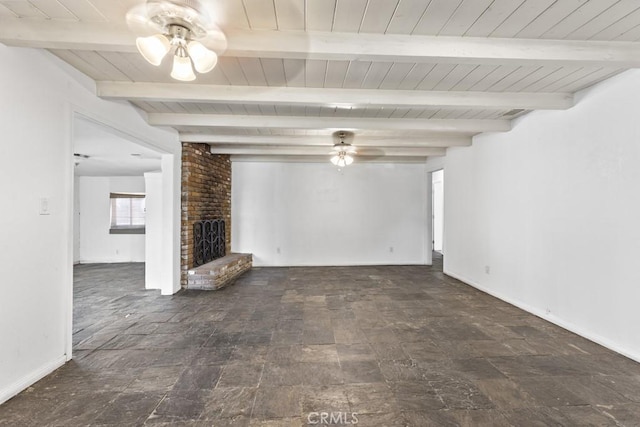 5956 Marlatt St, Jurupa Valley, CA 91752 - unfurnished living room with a ceiling fan, a fireplace, a wood ceiling with exposed beams, and stone finish floors