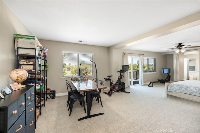 33883 Vinca Ln, Murrieta, CA 92563 - dining space featuring plenty of natural light, light carpet, and a ceiling fan
