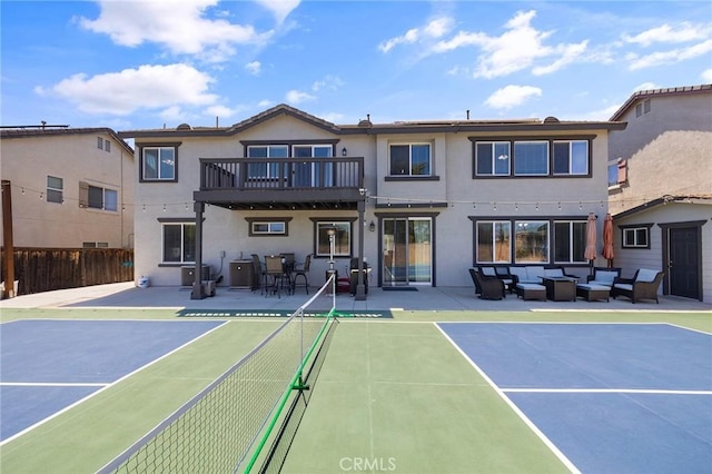 33883 Vinca Ln, Murrieta, CA 92563 - view of tennis court featuring outdoor lounge area, a shed, and a patio area