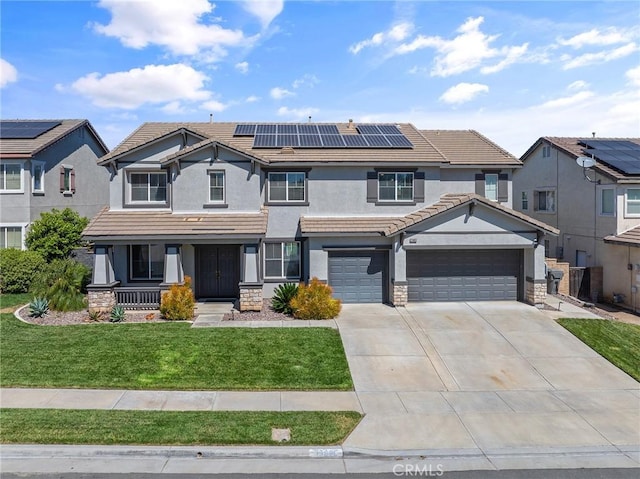 33883 Vinca Ln, Murrieta, CA 92563 - traditional home with stucco siding, driveway, a tile roof, a front lawn, and covered porch