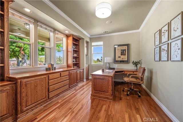 822 Noddy Ct, Arroyo Grande, CA 93420 - office featuring light wood finished floors, crown molding, and built in desk