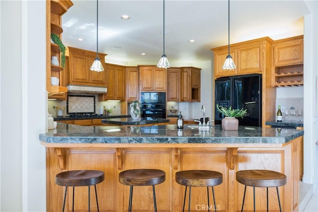 822 Noddy Ct, Arroyo Grande, CA 93420 - kitchen featuring black appliances, open shelves, tasteful backsplash, dark countertops, and recessed lighting
