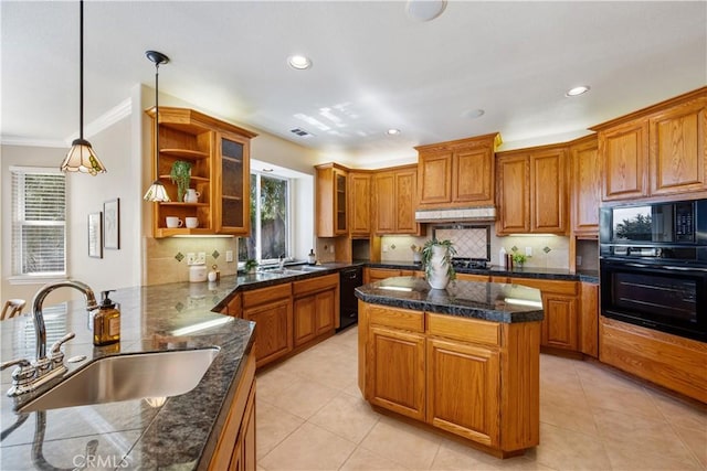 822 Noddy Ct, Arroyo Grande, CA 93420 - kitchen with black appliances, brown cabinets, tasteful backsplash, crown molding, and recessed lighting