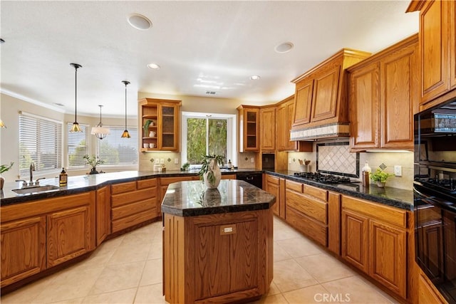 822 Noddy Ct, Arroyo Grande, CA 93420 - kitchen featuring brown cabinets, a kitchen island, backsplash, glass insert cabinets, and ornamental molding