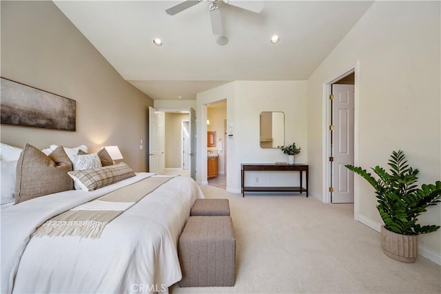 822 Noddy Ct, Arroyo Grande, CA 93420 - bedroom with light carpet, ensuite bath, ceiling fan, and recessed lighting
