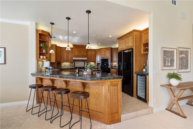 822 Noddy Ct, Arroyo Grande, CA 93420 - kitchen with black appliances, open shelves, a peninsula, beverage cooler, and a breakfast bar
