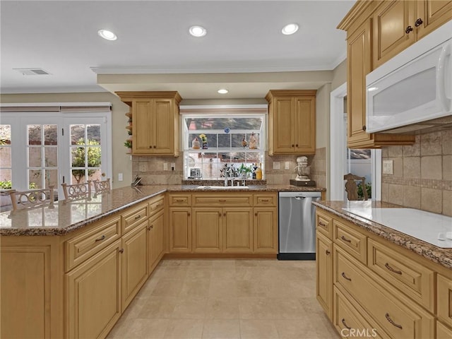 28702 Eagleton St, Agoura Hills, CA 91301 - kitchen featuring white appliances, light stone countertops, backsplash, recessed lighting, and ornamental molding