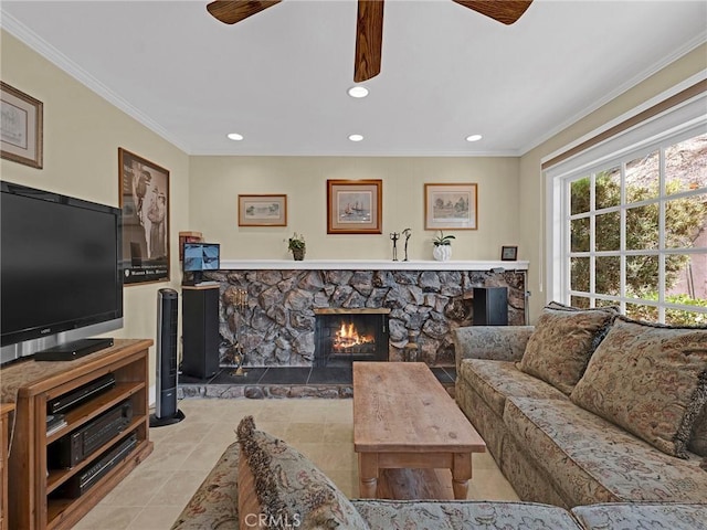 28702 Eagleton St, Agoura Hills, CA 91301 - tiled living room featuring ceiling fan, ornamental molding, recessed lighting, and a stone fireplace
