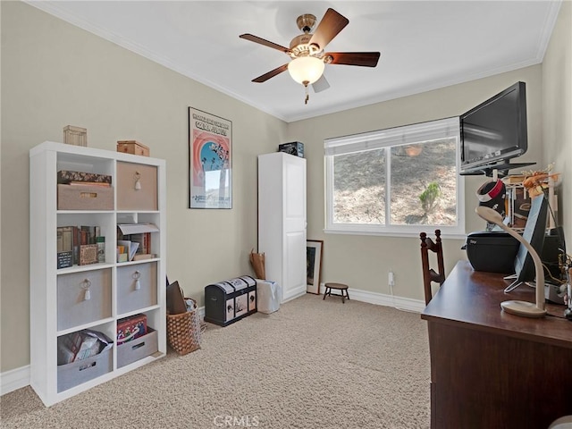 28702 Eagleton St, Agoura Hills, CA 91301 - home office featuring a ceiling fan, carpet floors, and ornamental molding